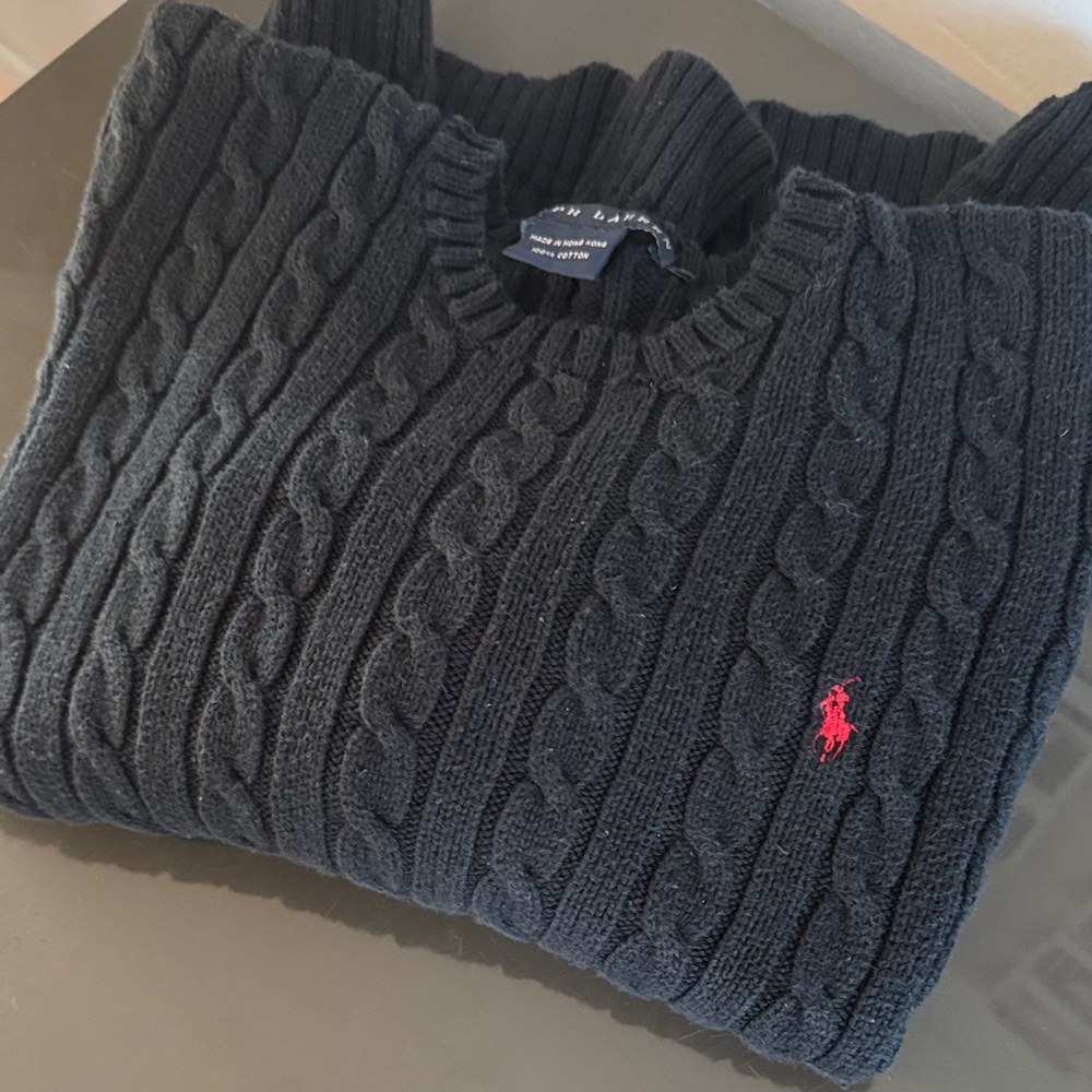 Polo by Ralph Lauren Black Cable-Knit Crewneck Sweater with Red Pony